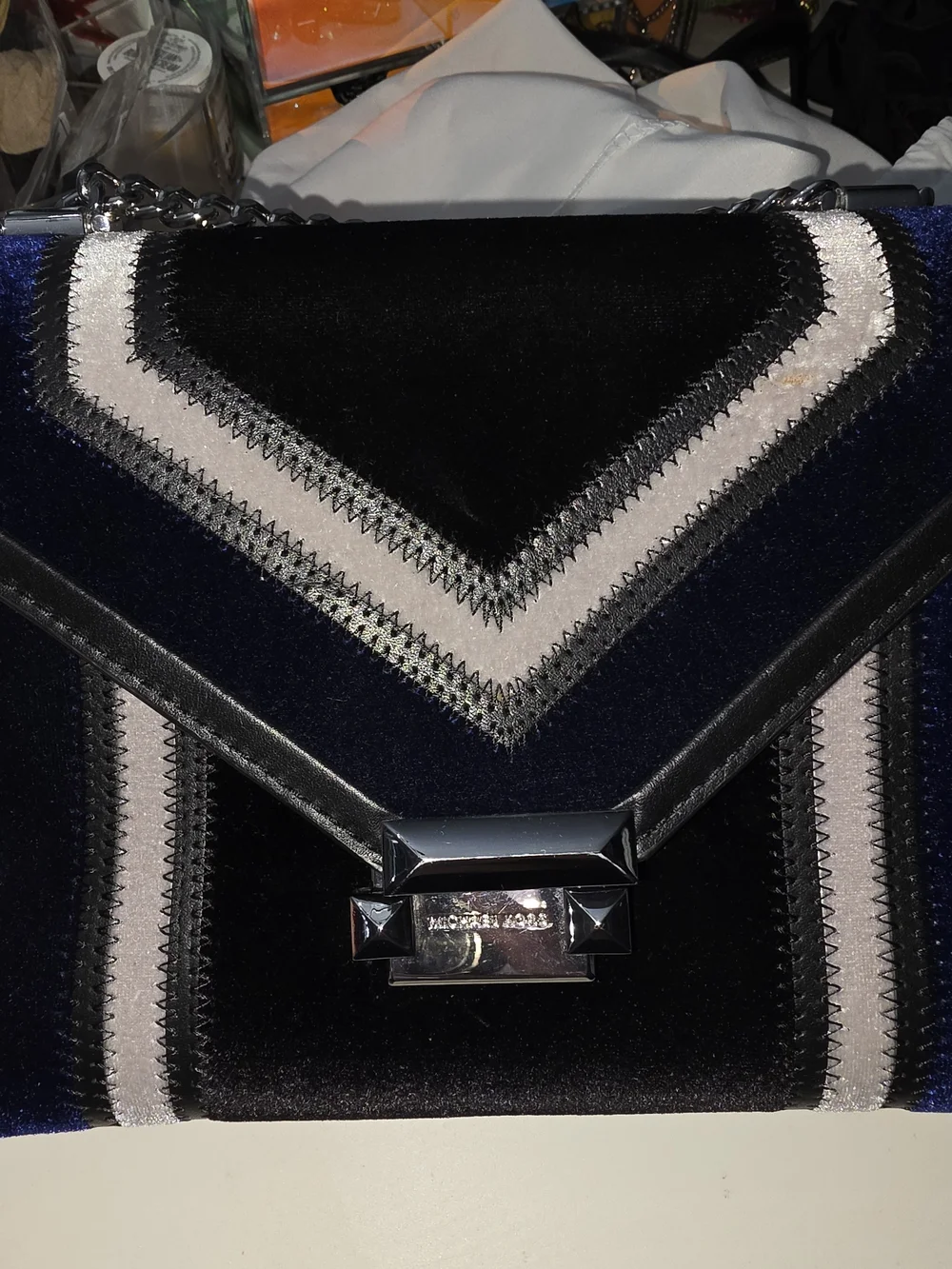 Michael Kors Navy and Black Velvet Chain Shoulder Bag